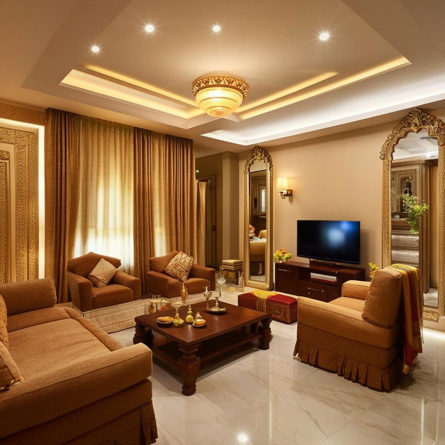 Elegant L-shaped living room with a TV unit, 8-seater dining set, 3-seater sofa, two maharaja chairs, central and side tables, corner hanging lights, adjoining balcony, a mirror facing the dining table, and a wall-hanging mandir near the TV.