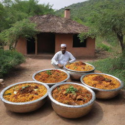 Traditional biryani restaurants in a Pakistani village, adorned with rustic charm, surrounded by lush greenery, and filled with the tantalizing aroma of spices.