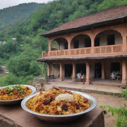 Traditional biryani restaurants in a Pakistani village, adorned with rustic charm, surrounded by lush greenery, and filled with the tantalizing aroma of spices.