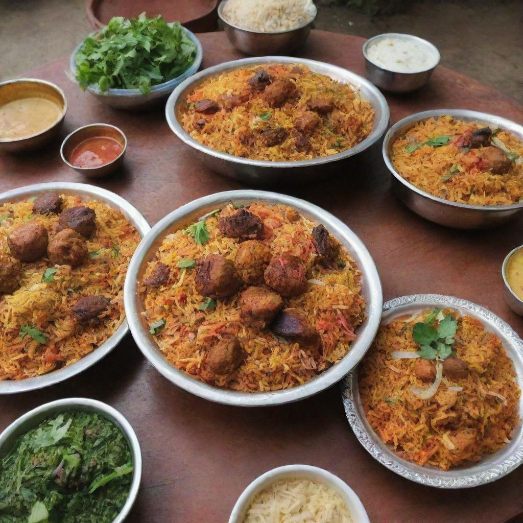 Traditional biryani restaurants in a Pakistani village, adorned with rustic charm, surrounded by lush greenery, and filled with the tantalizing aroma of spices.