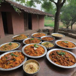 Traditional biryani restaurants in a Pakistani village, adorned with rustic charm, surrounded by lush greenery, and filled with the tantalizing aroma of spices.