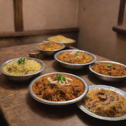 Upscale biryani restaurants in rural Pakistani settings, blending luxurious architecture with rustic village charm, and filled with the enticing aroma of biryani cooked to perfection.