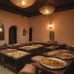 Upscale biryani restaurants in rural Pakistani settings, blending luxurious architecture with rustic village charm, and filled with the enticing aroma of biryani cooked to perfection.