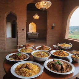 Upscale biryani restaurants in rural Pakistani settings, blending luxurious architecture with rustic village charm, and filled with the enticing aroma of biryani cooked to perfection.