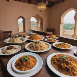 Upscale biryani restaurants in rural Pakistani settings, blending luxurious architecture with rustic village charm, and filled with the enticing aroma of biryani cooked to perfection.