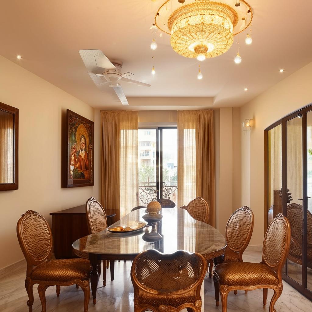 Elegant L-shaped living room with a TV unit, 8-seater dining set, 3-seater sofa, two maharaja chairs, central and side tables, corner hanging lights, adjoining balcony, a mirror facing the dining table, and a wall-hanging mandir near the TV.