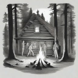 An image of a rustic cabin in a serene woodland setting, digitally rendered in high definition