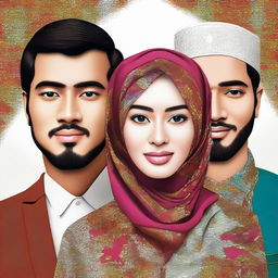 A high-quality digital art image showcasing a beautiful girl in a hijab, with two handsome men standing behind her, all with distinctive Indonesian features