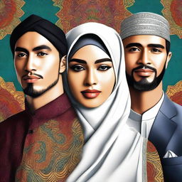 A high-quality digital art image showcasing a beautiful girl in a hijab, with two handsome men standing behind her, all with distinctive Indonesian features