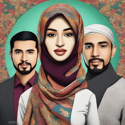 A high-quality digital art image showcasing a beautiful girl in a hijab, with two handsome men standing behind her, all with distinctive Indonesian features