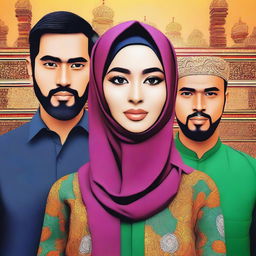 A high-quality digital art image showcasing a beautiful girl in a hijab, with two handsome men standing behind her, all with distinctive Indonesian features