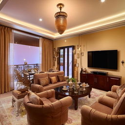 Elegant L-shaped living room with a TV unit, 8-seater dining set, 3-seater sofa, two maharaja chairs, central and side tables, corner hanging lights, adjoining balcony, a mirror facing the dining table, and a wall-hanging mandir near the TV.