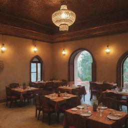 High-end biryani restaurants nestled in a traditional Pakistani village, oozing rural charm and luxury. The eateries are marked by refined architecture, lush surroundings, and the mesmerizing aroma of premium biryani.