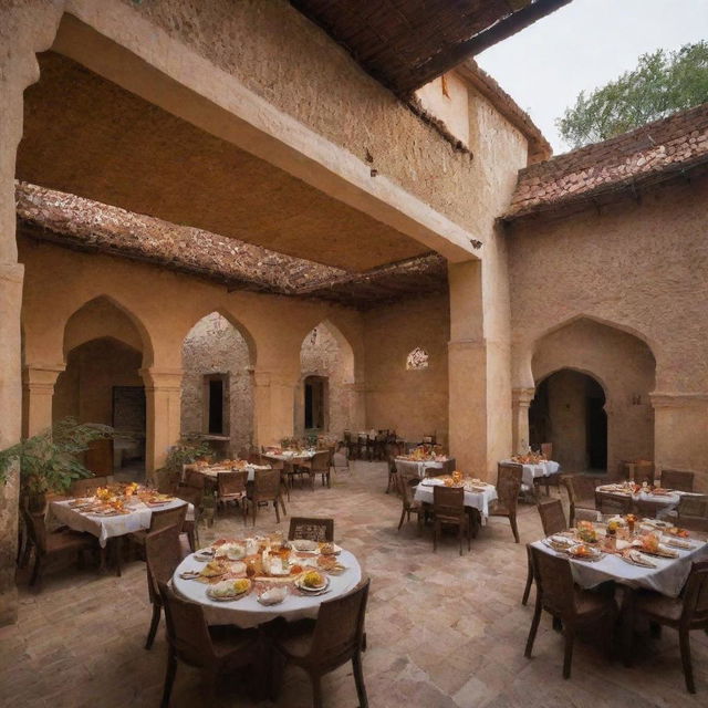 High-end biryani restaurants nestled in a traditional Pakistani village, oozing rural charm and luxury. The eateries are marked by refined architecture, lush surroundings, and the mesmerizing aroma of premium biryani.