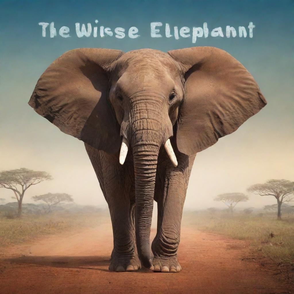 Create an engaging and striking YouTube thumbnail for 'The Wise Elephant', an African tale, featuring key visuals from the story, including a dominant image of the wise elephant character.