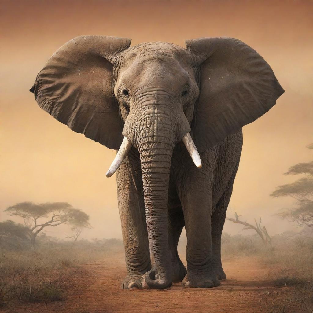 Create an engaging and striking YouTube thumbnail for 'The Wise Elephant', an African tale, featuring key visuals from the story, including a dominant image of the wise elephant character.