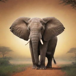 Create an engaging and striking YouTube thumbnail for 'The Wise Elephant', an African tale, featuring key visuals from the story, including a dominant image of the wise elephant character.