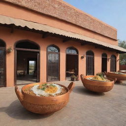 Premium biryani restaurants located roadside in a traditional Pakistani village, fusing rural charm with refined architecture. Filled with the enticing aroma of luxurious biryani, they overlook scenic views of the village life.