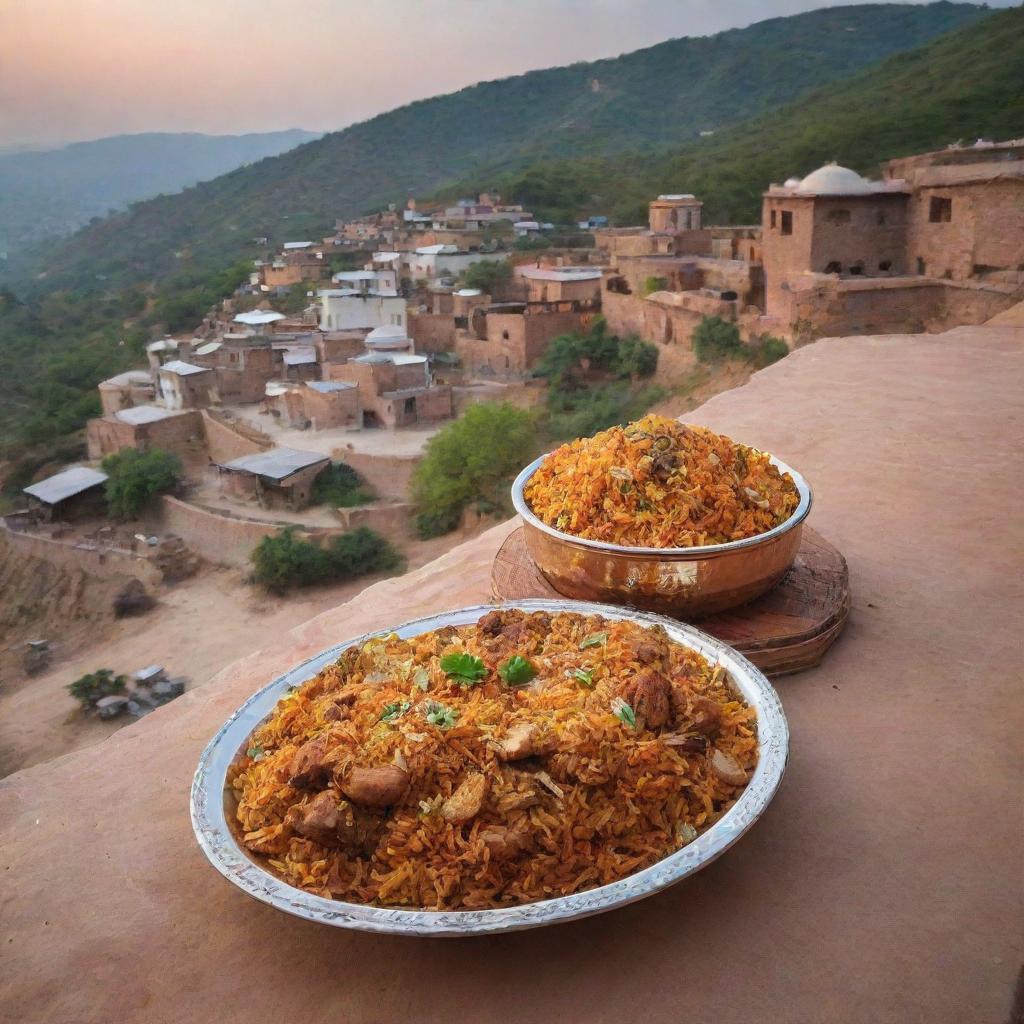 Premium biryani restaurants located roadside in a traditional Pakistani village, fusing rural charm with refined architecture. Filled with the enticing aroma of luxurious biryani, they overlook scenic views of the village life.