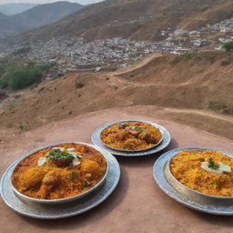 Premium biryani restaurants located roadside in a traditional Pakistani village, fusing rural charm with refined architecture. Filled with the enticing aroma of luxurious biryani, they overlook scenic views of the village life.