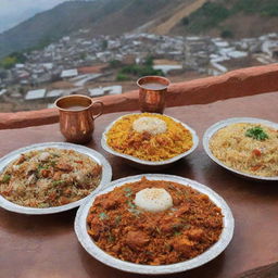 Premium biryani restaurants located roadside in a traditional Pakistani village, fusing rural charm with refined architecture. Filled with the enticing aroma of luxurious biryani, they overlook scenic views of the village life.