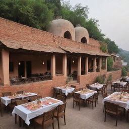 Luxurious biryani restaurants by the roadside in a Pakistani village, offering a 12-seat dining area. Each eatery showcases lavish architecture mixed with village charm and emits an enticing aroma of premium biryani, overlooking vibrant scenes of village life.