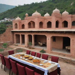 Luxurious biryani restaurants by the roadside in a Pakistani village, offering a 12-seat dining area. Each eatery showcases lavish architecture mixed with village charm and emits an enticing aroma of premium biryani, overlooking vibrant scenes of village life.