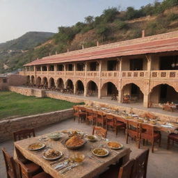 Luxurious biryani restaurants by the roadside in a Pakistani village, offering a 12-seat dining area. Each eatery showcases lavish architecture mixed with village charm and emits an enticing aroma of premium biryani, overlooking vibrant scenes of village life.