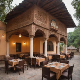 Luxurious biryani restaurants by the roadside in a Pakistani village, offering a 12-seat dining area. Each eatery showcases lavish architecture mixed with village charm and emits an enticing aroma of premium biryani, overlooking vibrant scenes of village life.