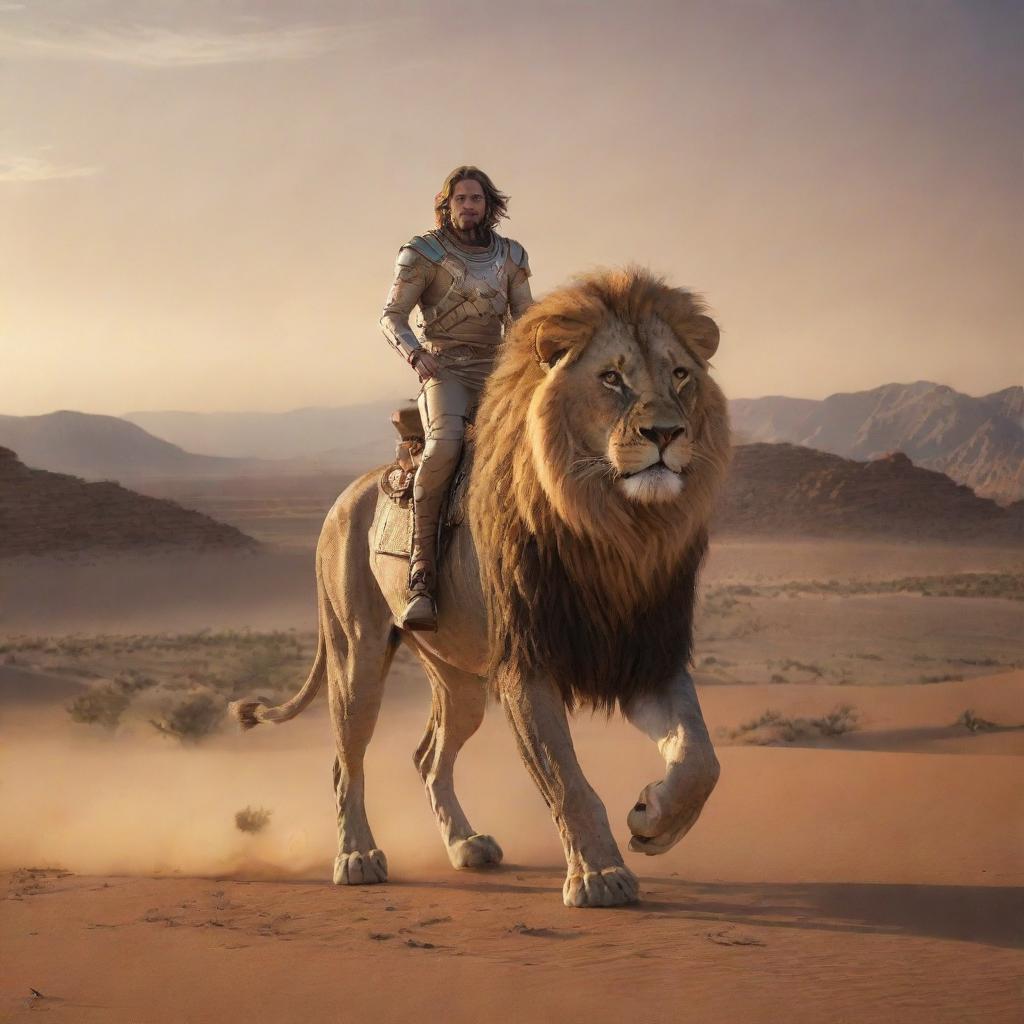 Extraterrestrial being riding on a majestic lion amidst an expansive, arid desert landscape during sunset.