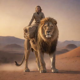 Extraterrestrial being riding on a majestic lion amidst an expansive, arid desert landscape during sunset.