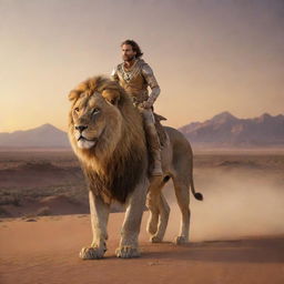 Extraterrestrial being riding on a majestic lion amidst an expansive, arid desert landscape during sunset.