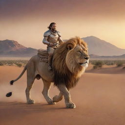 Extraterrestrial being riding on a majestic lion amidst an expansive, arid desert landscape during sunset.