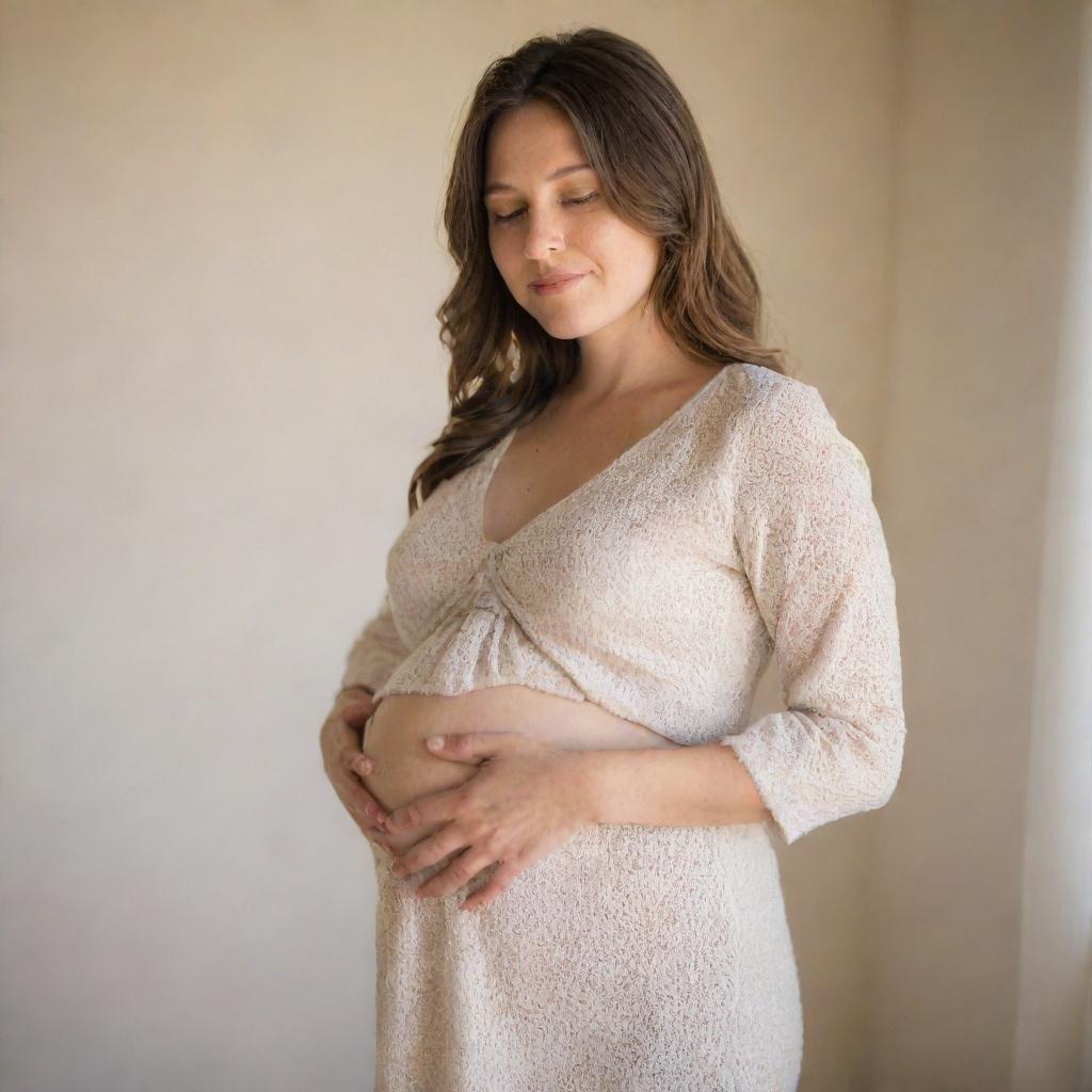 A serene image of a pregnant woman with fair skin, showing her belly gently, dressed in comfortable attire, standing in a soft, warm light.