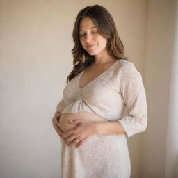 A serene image of a pregnant woman with fair skin, showing her belly gently, dressed in comfortable attire, standing in a soft, warm light.