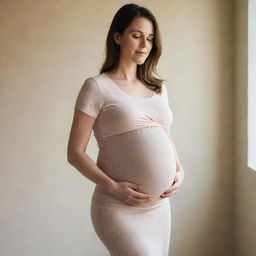 A serene image of a pregnant woman with fair skin, showing her belly gently, dressed in comfortable attire, standing in a soft, warm light.