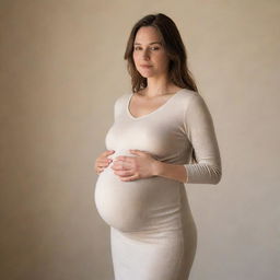 A serene image of a pregnant woman with fair skin, showing her belly gently, dressed in comfortable attire, standing in a soft, warm light.