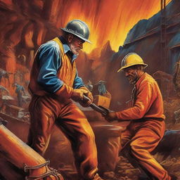 An image in the style of a book cover, featuring a vibrant and detailed depiction of a mining scene