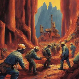 An image in the style of a book cover, featuring a vibrant and detailed depiction of a mining scene