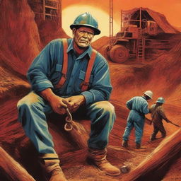 An image in the style of a book cover, featuring a vibrant and detailed depiction of a mining scene