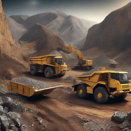 A highly detailed, top-quality digital art image that depicts a mining scene focused on the reuse of waste materials