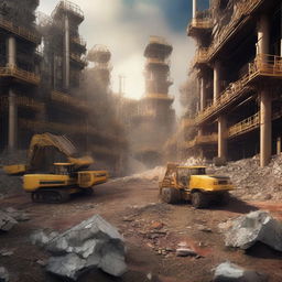 A highly detailed, top-quality digital art image that depicts a mining scene focused on the reuse of waste materials