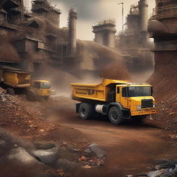 A highly detailed, top-quality digital art image that depicts a mining scene focused on the reuse of waste materials