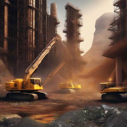 A highly detailed, top-quality digital art image that depicts a mining scene focused on the reuse of waste materials