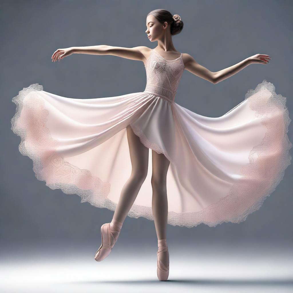 A digital art piece of a girl dressed in an elegant, flowing inner garment, her legs poised gracefully as if she's a ballet dancer