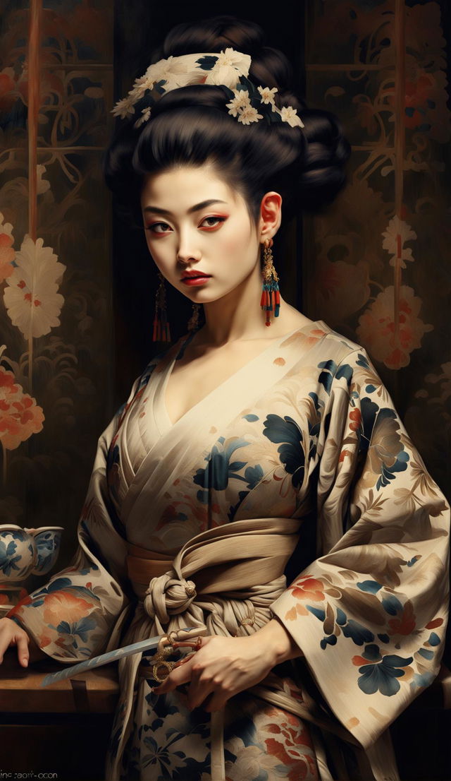 A Rococo-style painting featuring a kunoichi in an elaborate kimono standing in a lavish interior, holding a shuriken.