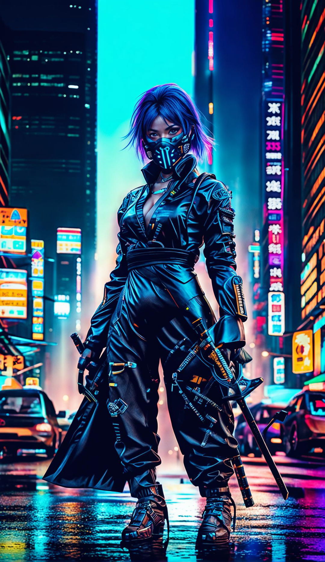 A cyberpunk kunoichi in a neon-lit cityscape, adorned with high-tech gear and cybernetic enhancements, poised against the backdrop of skyscrapers and digital billboards.