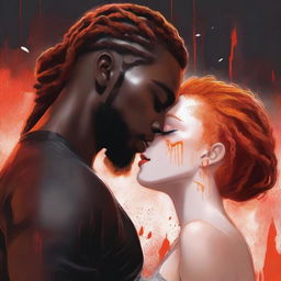 A high-quality digital art book cover featuring a black man with golden eyes and braids, passionately kissing a white woman with vibrant orange hair on the left side