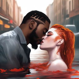 A high-quality digital art book cover featuring a black man with golden eyes and braids, passionately kissing a white woman with vibrant orange hair on the left side