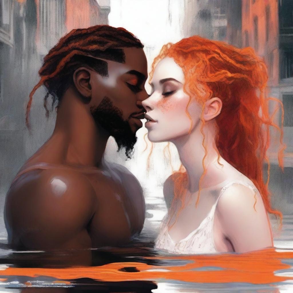 A high-quality digital art book cover featuring a black man with golden eyes and braids, passionately kissing a white woman with vibrant orange hair on the left side